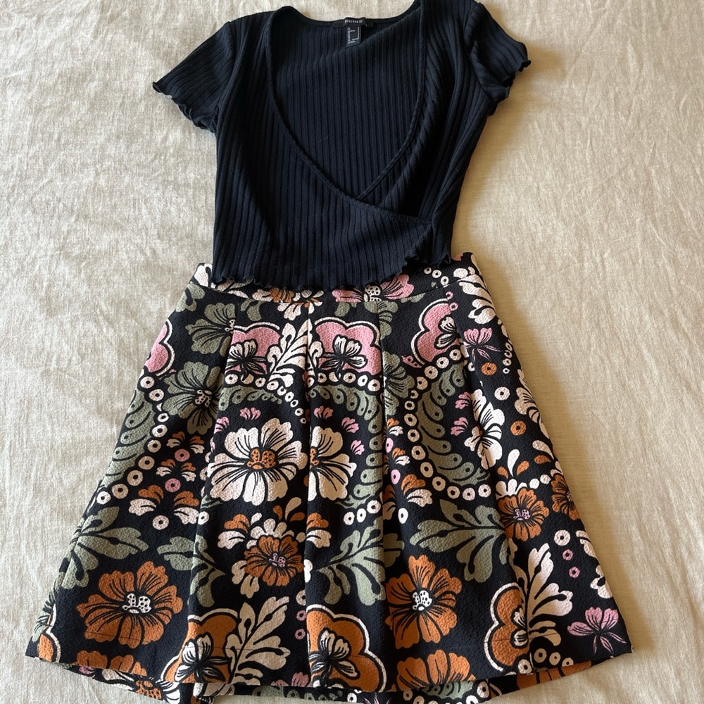 H&M Floral A-Line Skirt - Black, Pink, Green, Orange